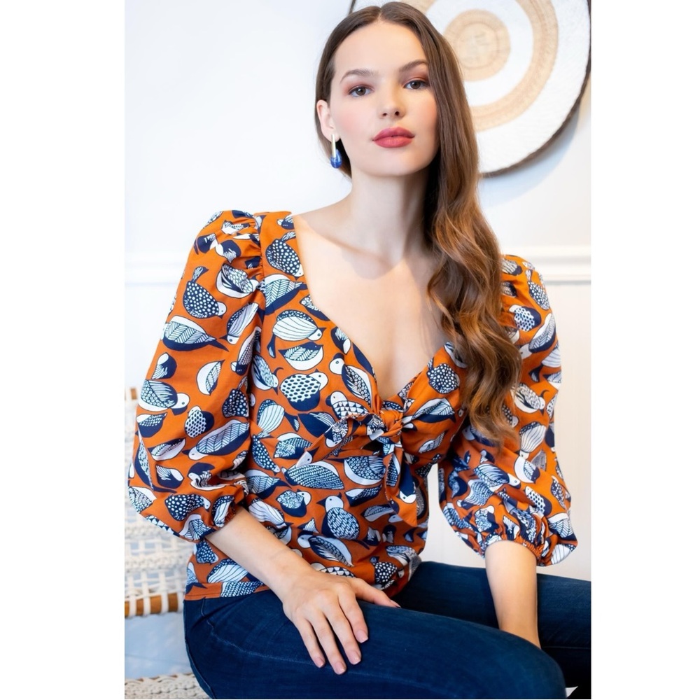 Anthropologie Eva Franco Whimsical Bird Puff Sleeve Sweetheart Blouse Size 6 - Picture 11 of 13